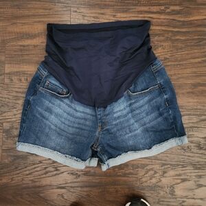 Time and Tru Maternity High Waist Denim Blue Shorts Raw Hem Cuffed